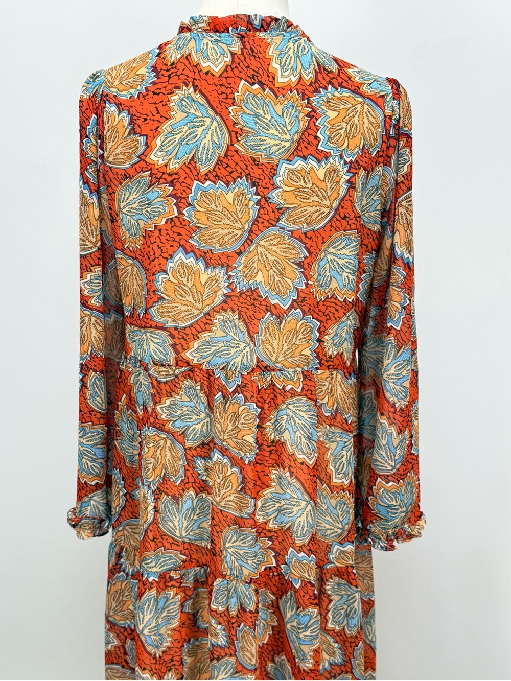 THML Rust Orange Floral Tassel-Front Long Sleeve tiered mini Dress size S - Picture 5 of 13